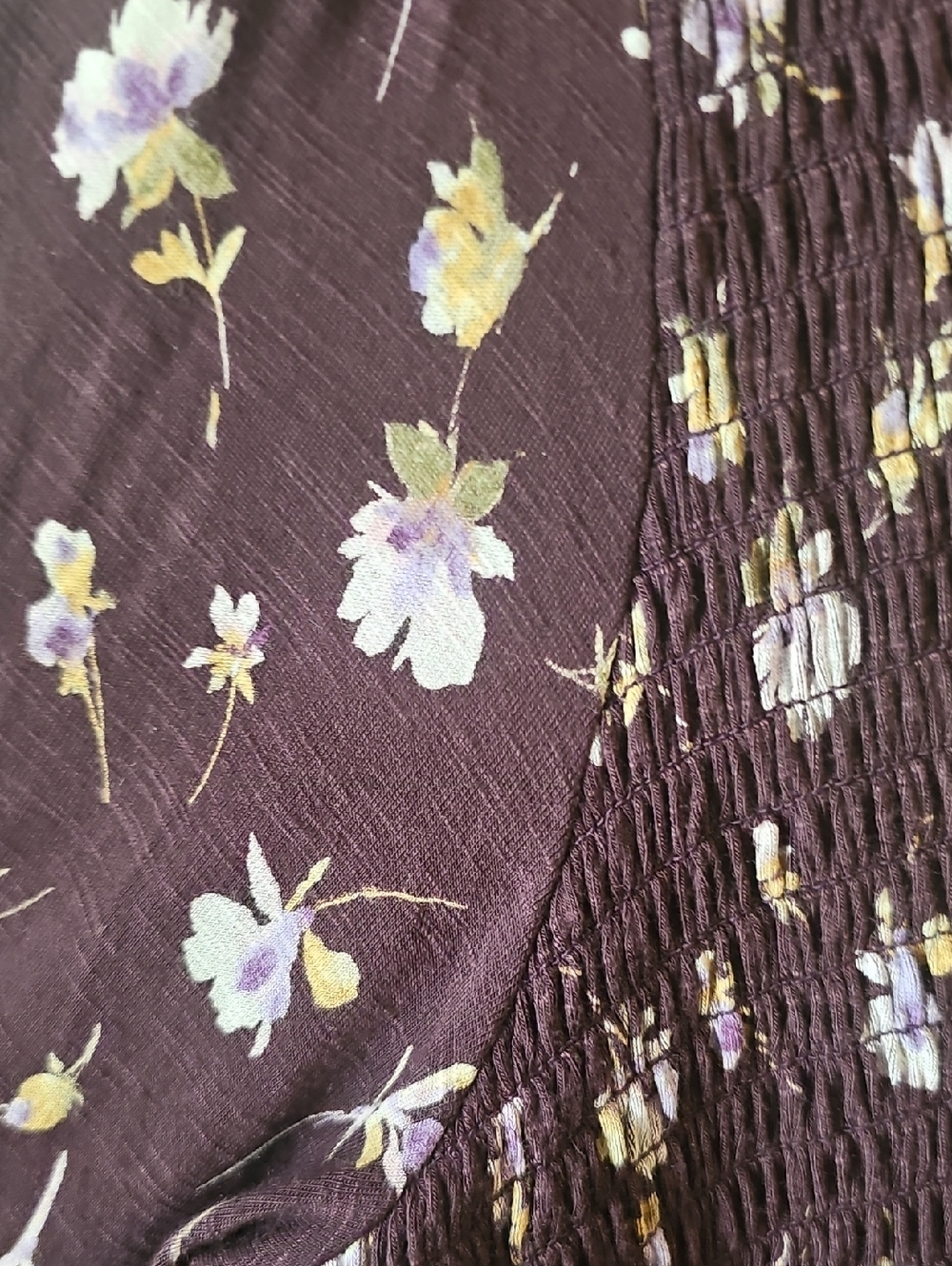 J. Jill Plum Purple Floral Smocked Tiered Flounced-Hem Midi Dress Medium Petite - Picture 9 of 11